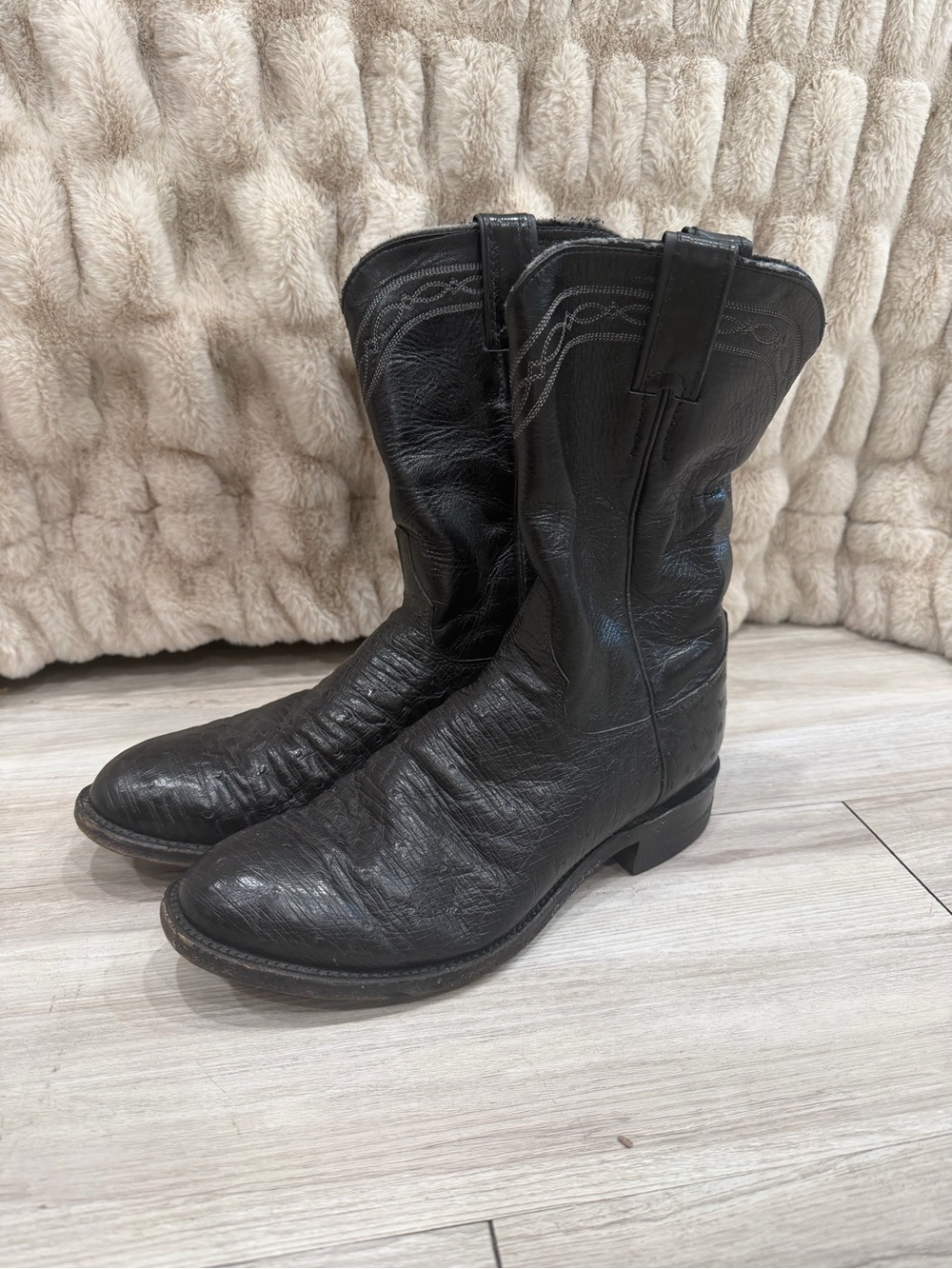 Justin Boots Black Ostrich Western Cowboy Boots, Size 7D